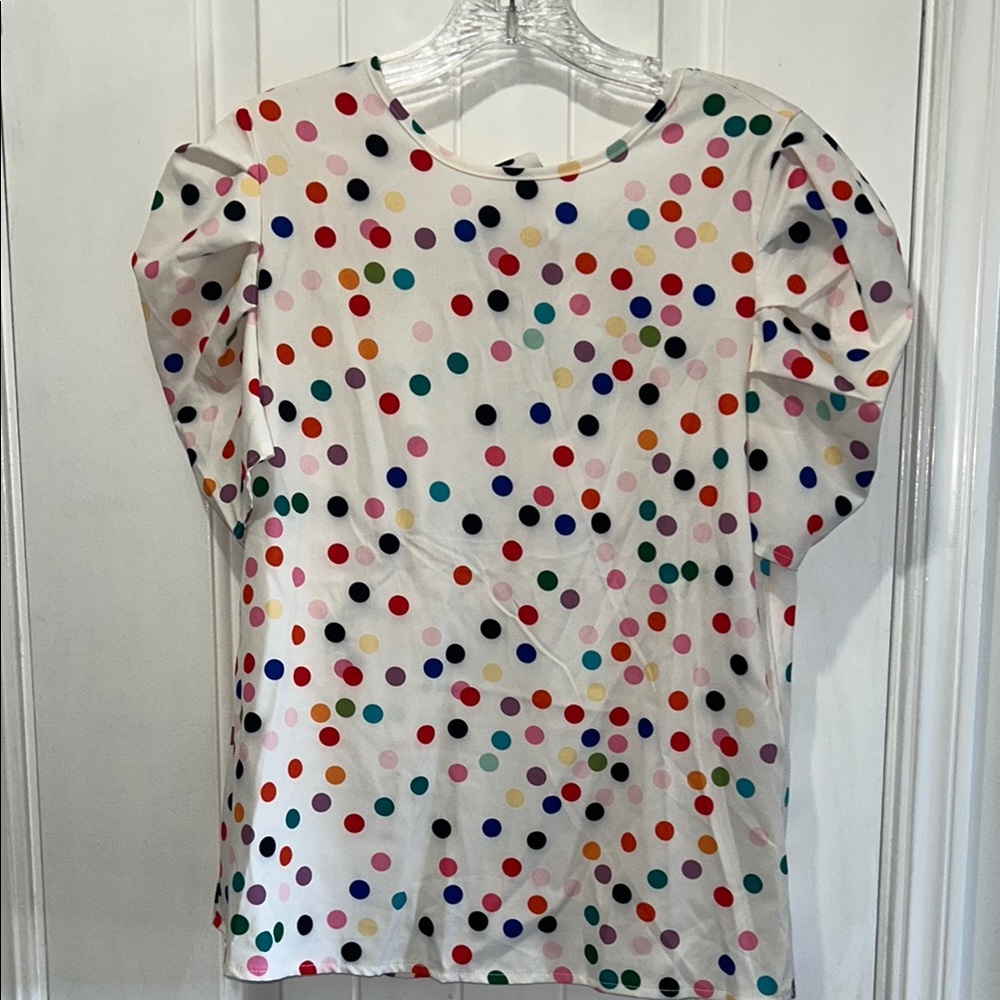 SHEIN multicolored polka dot short sleeve shirt. Red and Yellow, pink black blue